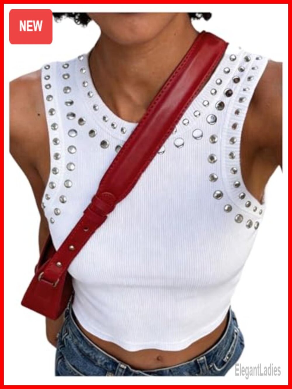 Ribbed Studded Sequin Polka Dot Tank Crop Top Sleeveless Y2K
